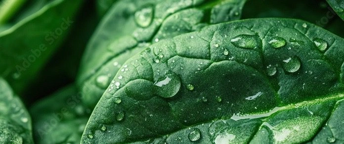 Close-up of fresh spinach leaves with visible water droplets on the surface.
