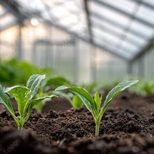 Young green plants growing in dark soil inside a greenhouse with blurred rows of plants and glass panels in the background.