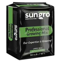 A black 3.8 cu.ft. bag labeled "Sungro Professional Growing Mix" with green and white text and the slogan "Our Expertise is Growing.