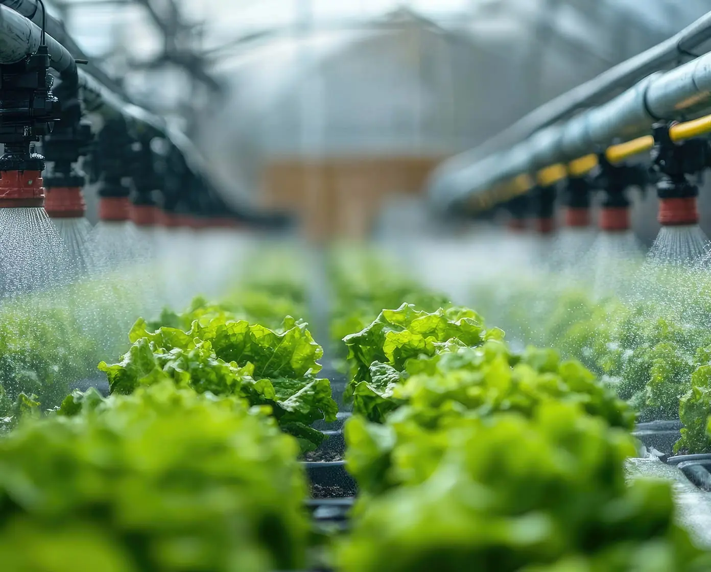 Green lettuce rows in a commercial greenhouse being misted by overhead irrigation nozzles for hydroponic crop production