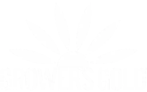 White Growers Gold logo with stylized rising sun above bold uppercase brand name on transparent background