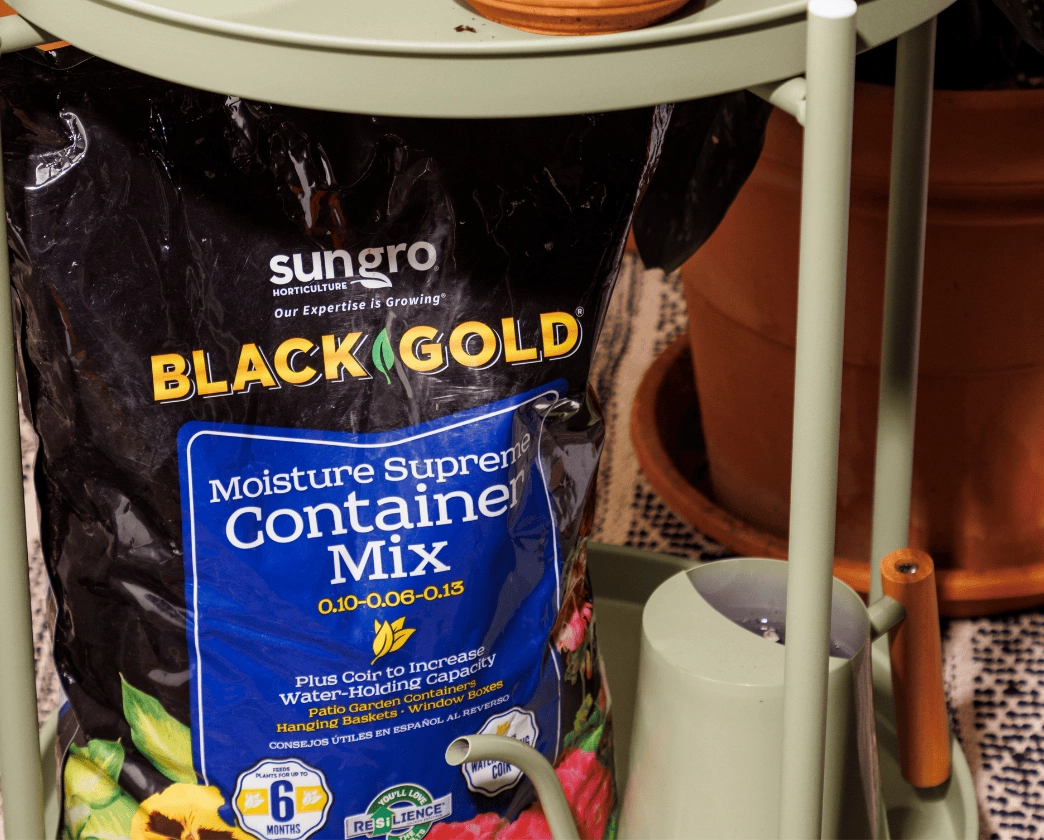 Sungro Black Gold Moisture Supreme Container Mix bag with blue label surrounded by flowering plants.