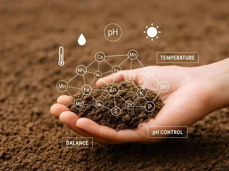 Hand holding fertile soil with overlaid nutrient network icons for Zn, Fe, K, pH, temperature and balance for plant health