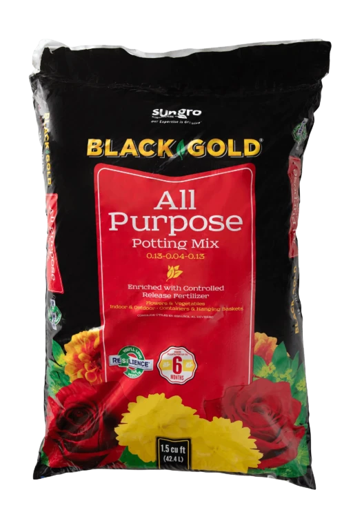 Bag of Black Gold All Purpose Potting Mix 1.5 cu ft with red label and flower graphics for indoor and outdoor plants