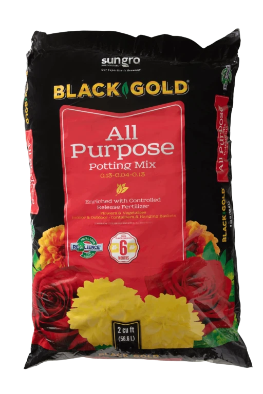 Black Gold All Purpose Potting Mix 2 cu ft bag with bright floral graphics and controlled release fertilizer label