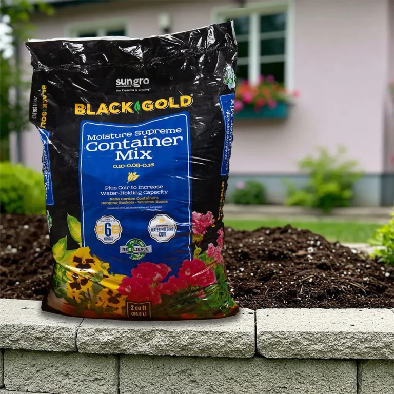 Bag of Black Gold Moisture Supreme Container Mix on a garden wall beside freshly turned raised bed soil and background blooms