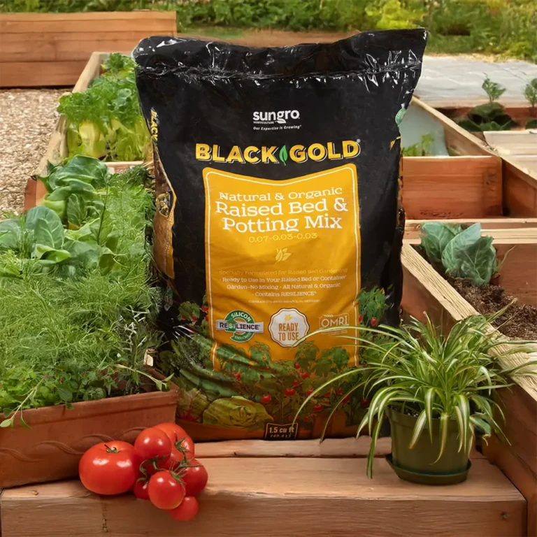 Black Gold natural & organic raised bed and potting mix bag in raised garden bed with tomatoes and leafy greens