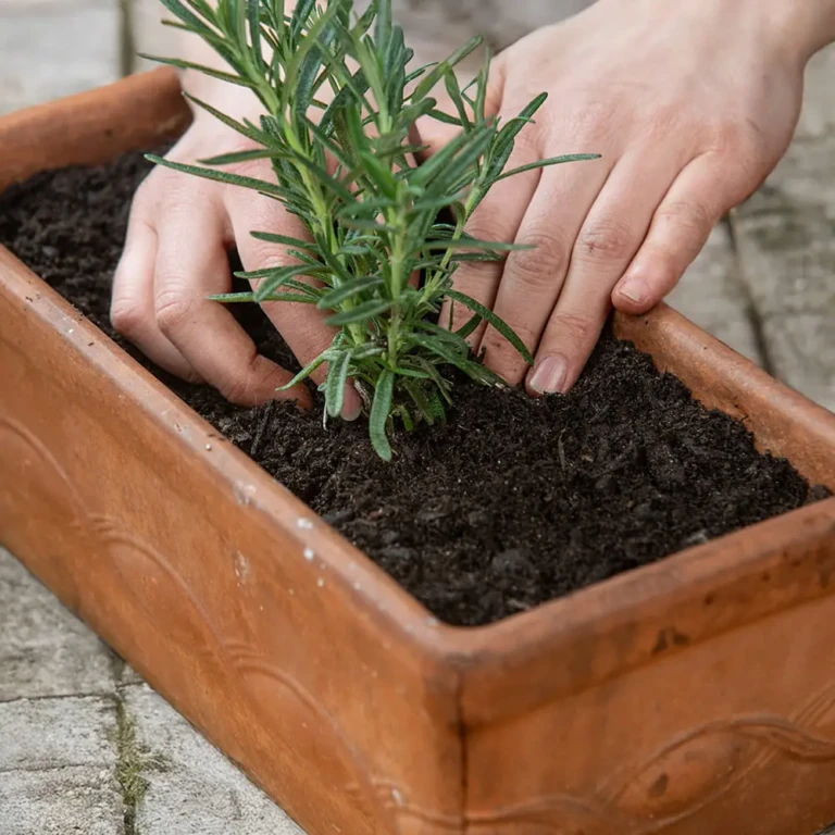 Hands planting a young rosemary seedling in organic potting mix inside a terracotta raised bed planter on a patio