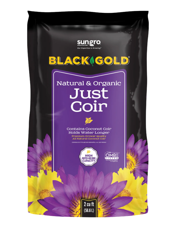 Black Gold Natural & Organic Just Coir 2 cu ft bag, OMRI listed coconut coir soil amendment with floral packaging