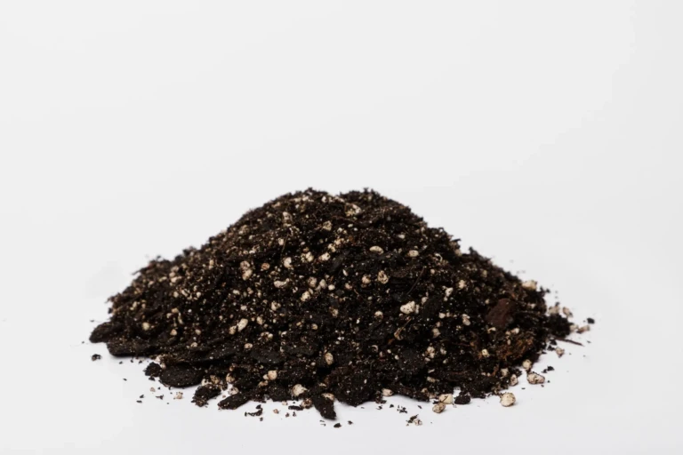 Close-up of Black Gold NO Orchid Mix potting soil with perlite for orchid care on white background, loose dark organic mix