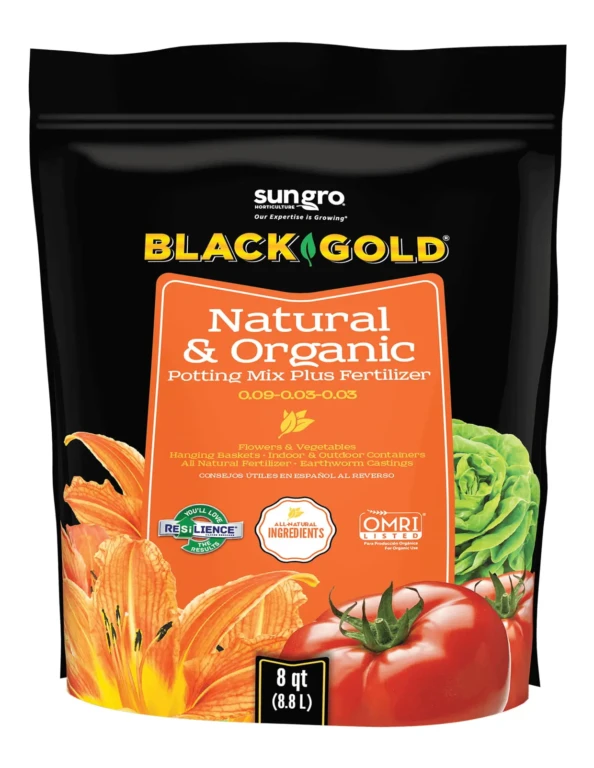 Sungro Black Gold Natural & Organic potting mix plus fertilizer 8 qt bag with tomato, lettuce and flower images