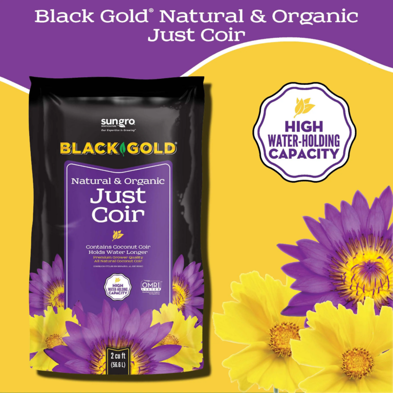 Black Gold Just Coir bag on yellow backdrop with purple flowers, natural coconut coir soil amendment for containers and beds