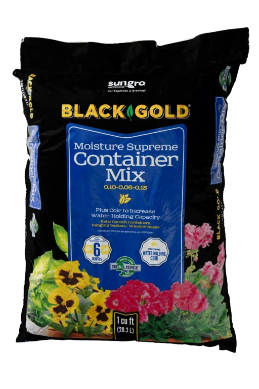 Black Gold Moisture Supreme Container Mix 1 cu ft bag with coir for increased water-holding capacity and colorful flowers