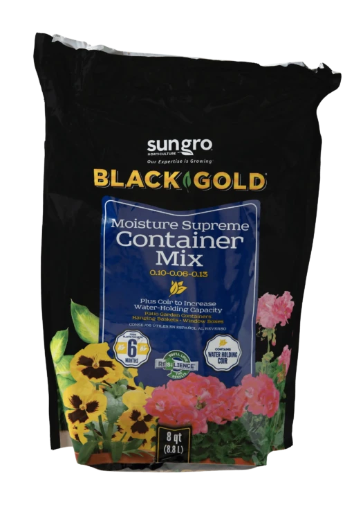 Sungro Black Gold Moisture Supreme Container Mix 8 qt bag with colorful pansies and geraniums on front packaging