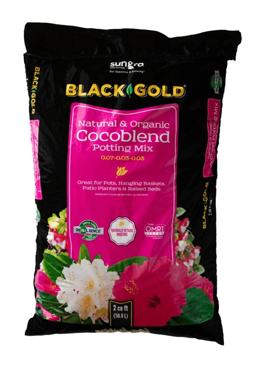 Black Gold Natural & Organic Cocoblend potting mix 2 cu ft bag with pink label, flowers and gardening branding