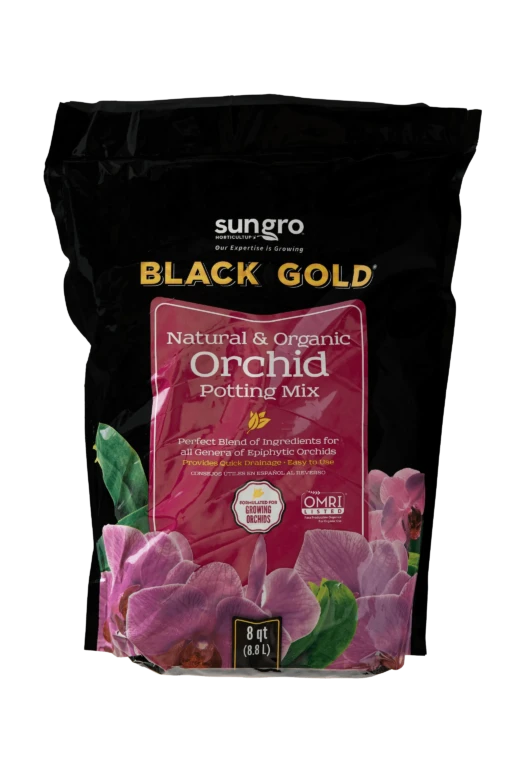 Sungro Black Gold Natural & Organic Orchid Potting Mix 8 qt bag with pink orchid blooms on label, organic OMRI listing