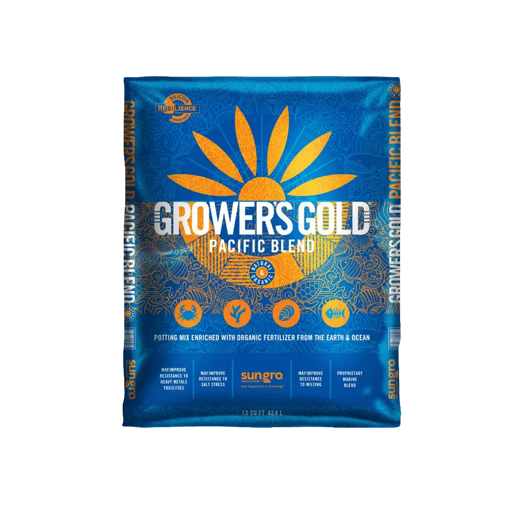 Growers Gold Pacific Blend potting mix bag with sun logo and icons showing organic marine-enriched fertilizer for plants