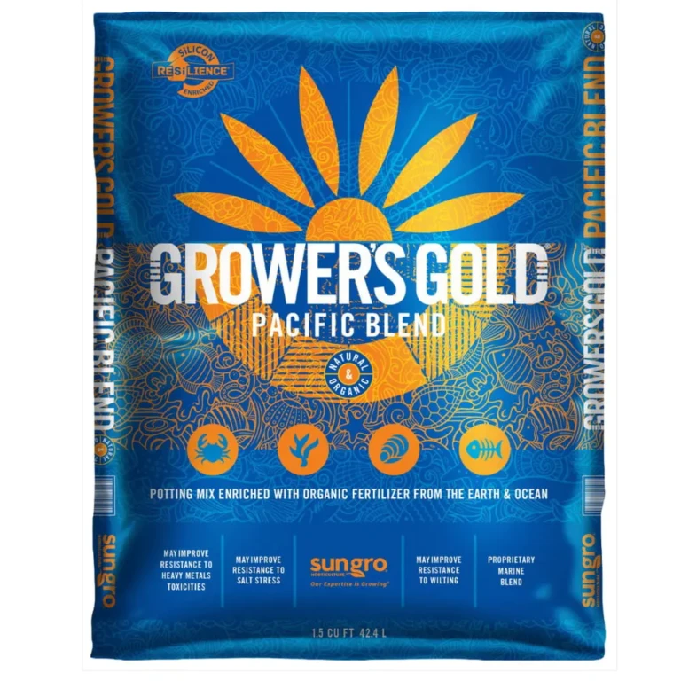 Blue Growers Gold Pacific Blend potting mix bag with large orange sun graphic and natural organic marine fertilizer icons