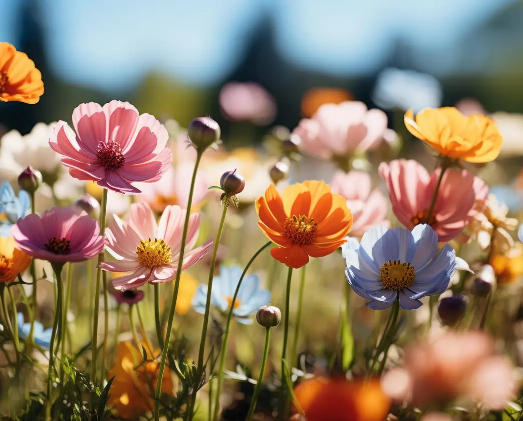 Colorful cosmos and dahlias in shades of pink, orange, yellow, and blue blooming in a sunny garden.