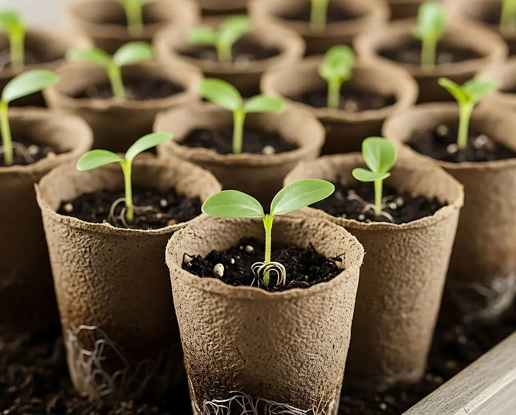 Young seedlings with two leaves in peat pots filled with dark soil.