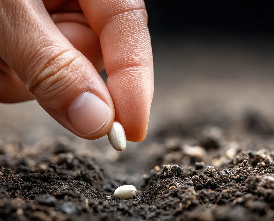 Gardener's hand planting a seed in dark soil.