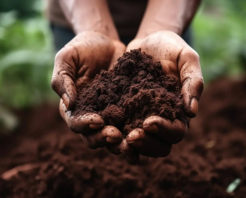 Hands holding dark, moist potting soil.