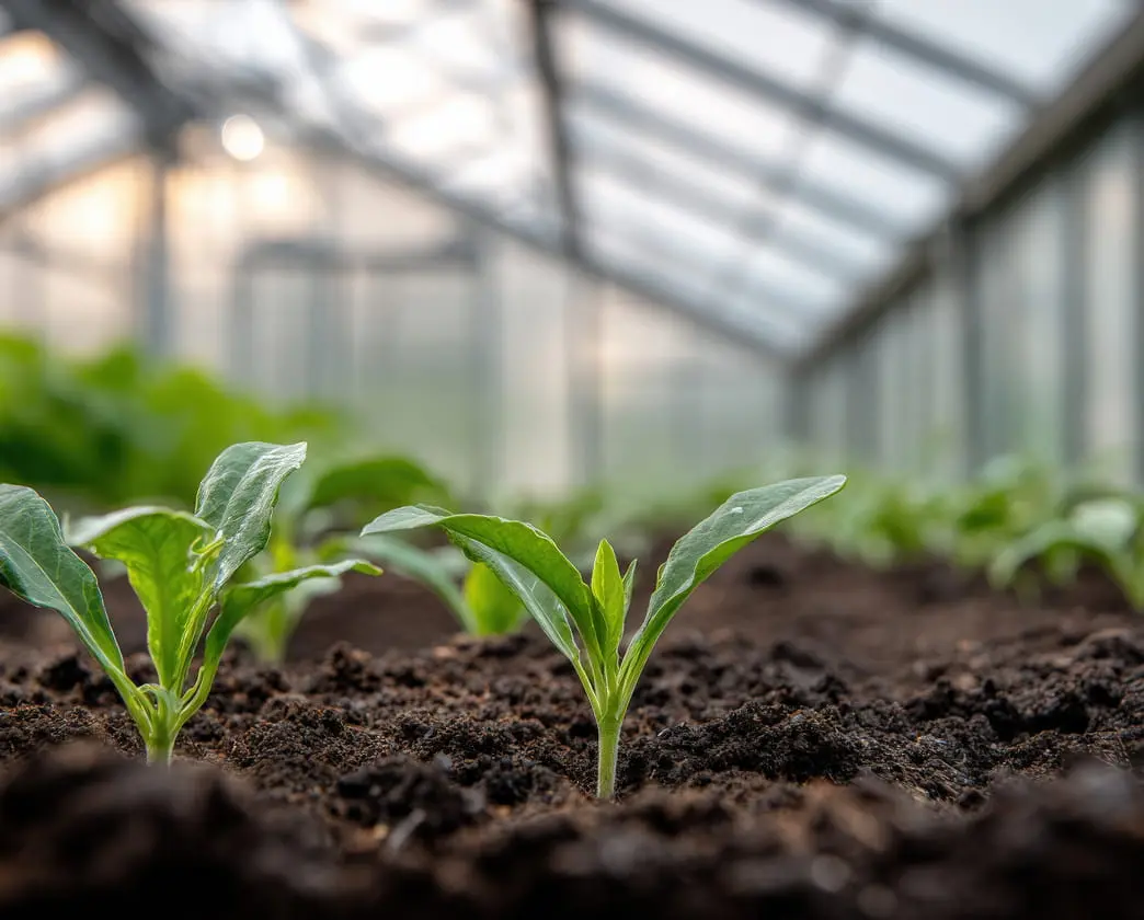 Young seedlings in a greenhouse with transparent roof.