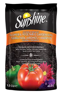 Sunshine Natural & Organic Flower & Vegetable Garden Soil 1.5 cu ft bag featuring tomato, green pepper and vibrant flowers