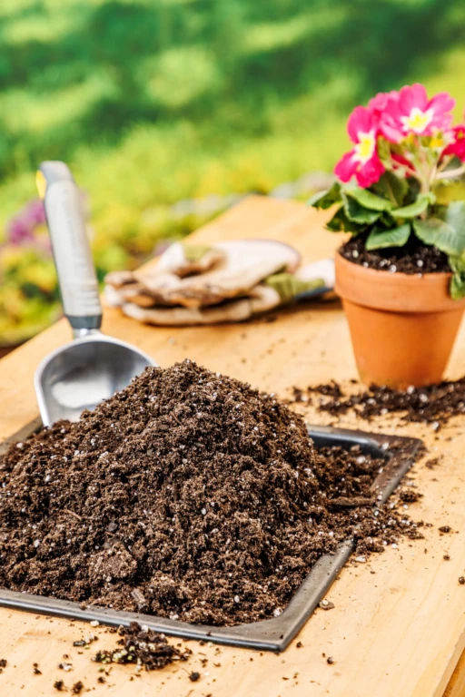 Potting mix pile on a tray with gardening scoop, gloves and potted pink primrose on a wooden bench outdoors