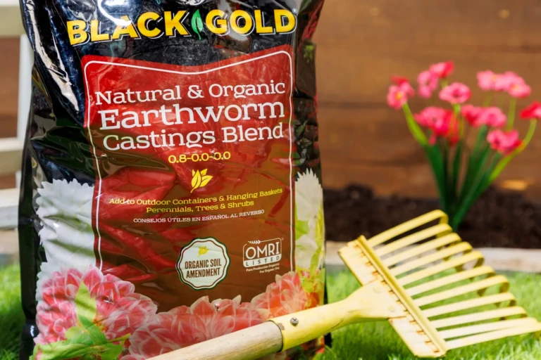 Bag of Black Gold Natural & Organic Earthworm Castings blend beside a garden rake and pink flowers on grass