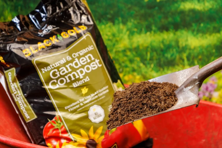 Shovel heaped with rich garden compost in front of SunGro Black Gold natural & organic compost bag on lawn backdrop