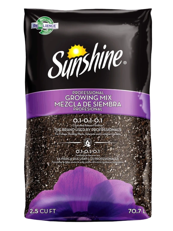 Sunshine Professional Growing Mix bag with purple label and soil texture for container and bedding plants