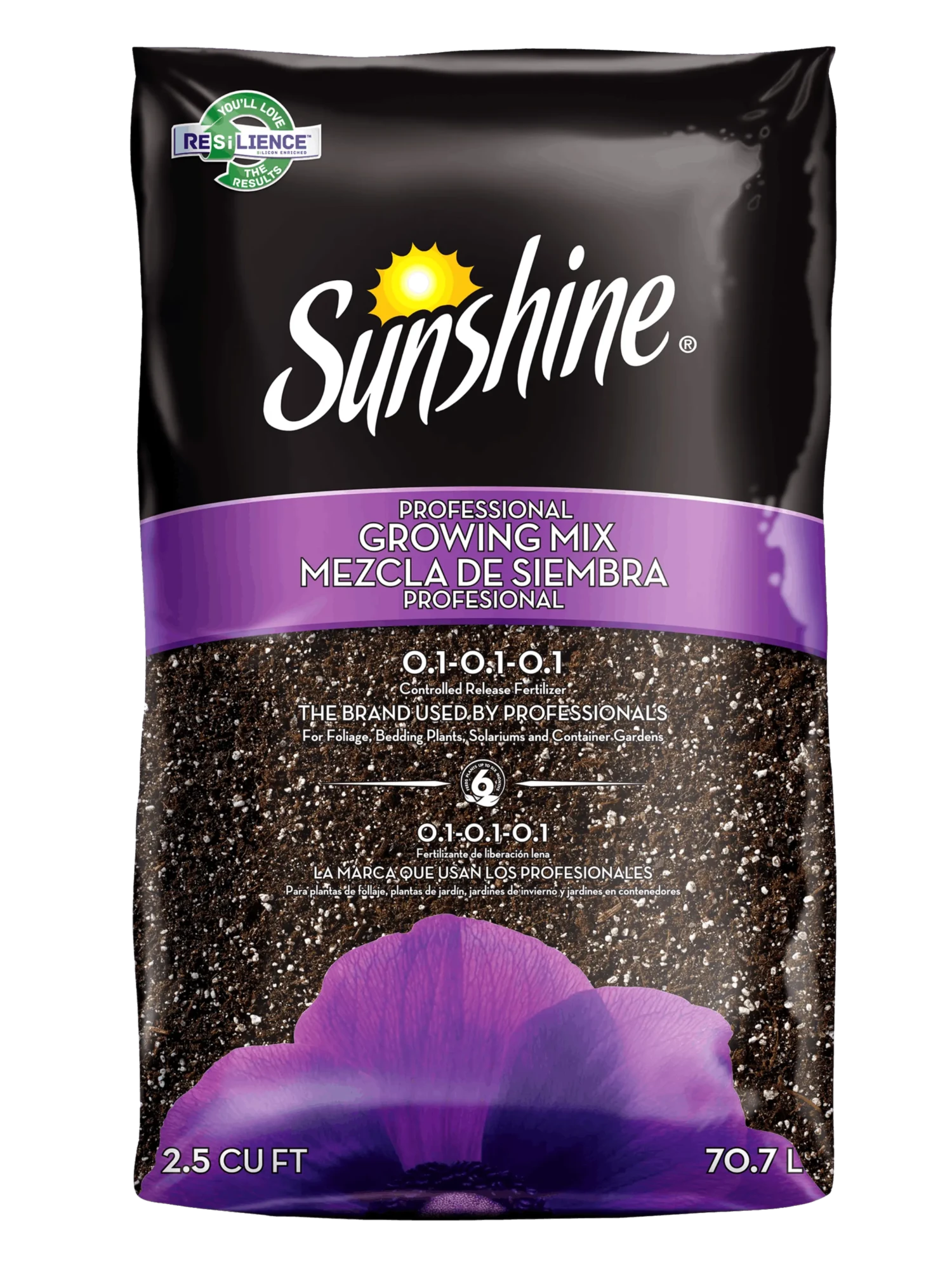 Sunshine Professional Growing Mix bag with purple label and soil texture for container and bedding plants