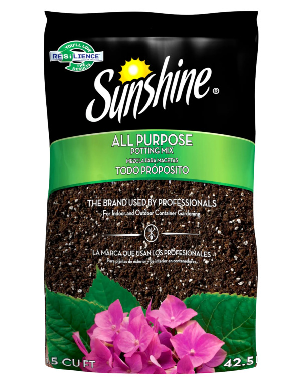 Sunshine All Purpose Potting Mix bag with logo, green banner, soil texture and pink flowers for indoor and outdoor containers