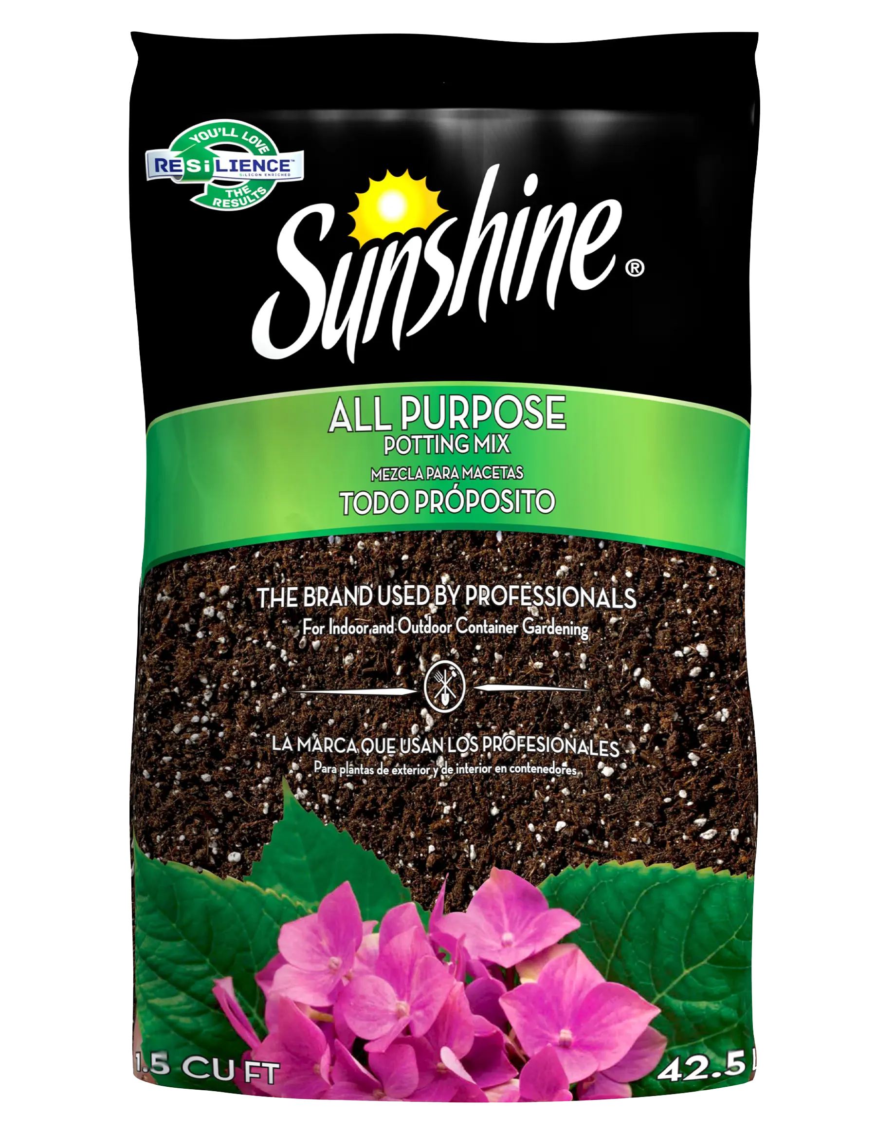 Sunshine All Purpose Potting Mix bag with logo, green banner, soil texture and pink flowers for indoor and outdoor containers