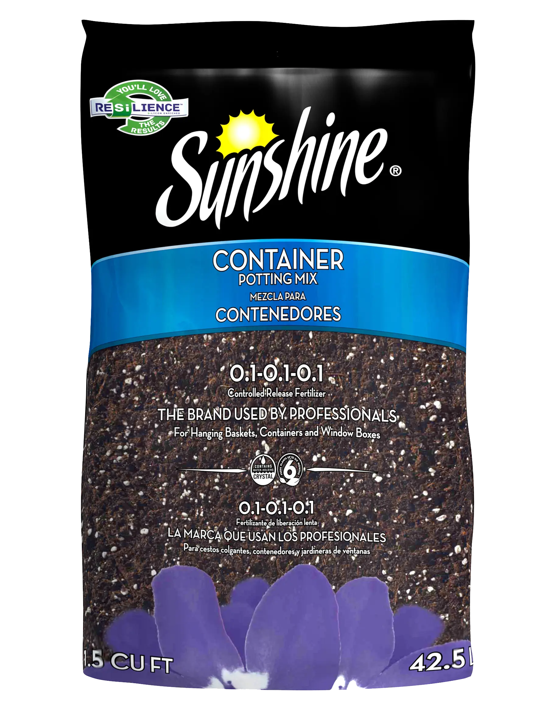 Sunshine Container Potting Mix bag front with Sunshine logo, blue band, peat-based soil and 1.5 cu ft size for containers