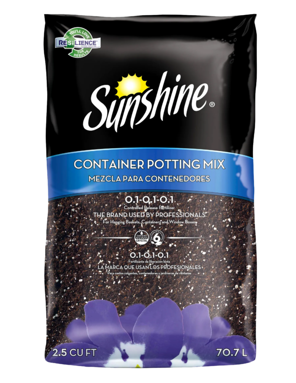 Sunshine Container Potting Mix 2.5 cu ft bag showing brand logo, blue label, soil mix and purple flower for containers