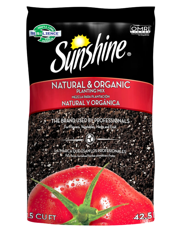 Sunshine Natural & Organic Planting Mix bag with OMRI listing logo, soil texture and a dew-covered tomato image on packaging