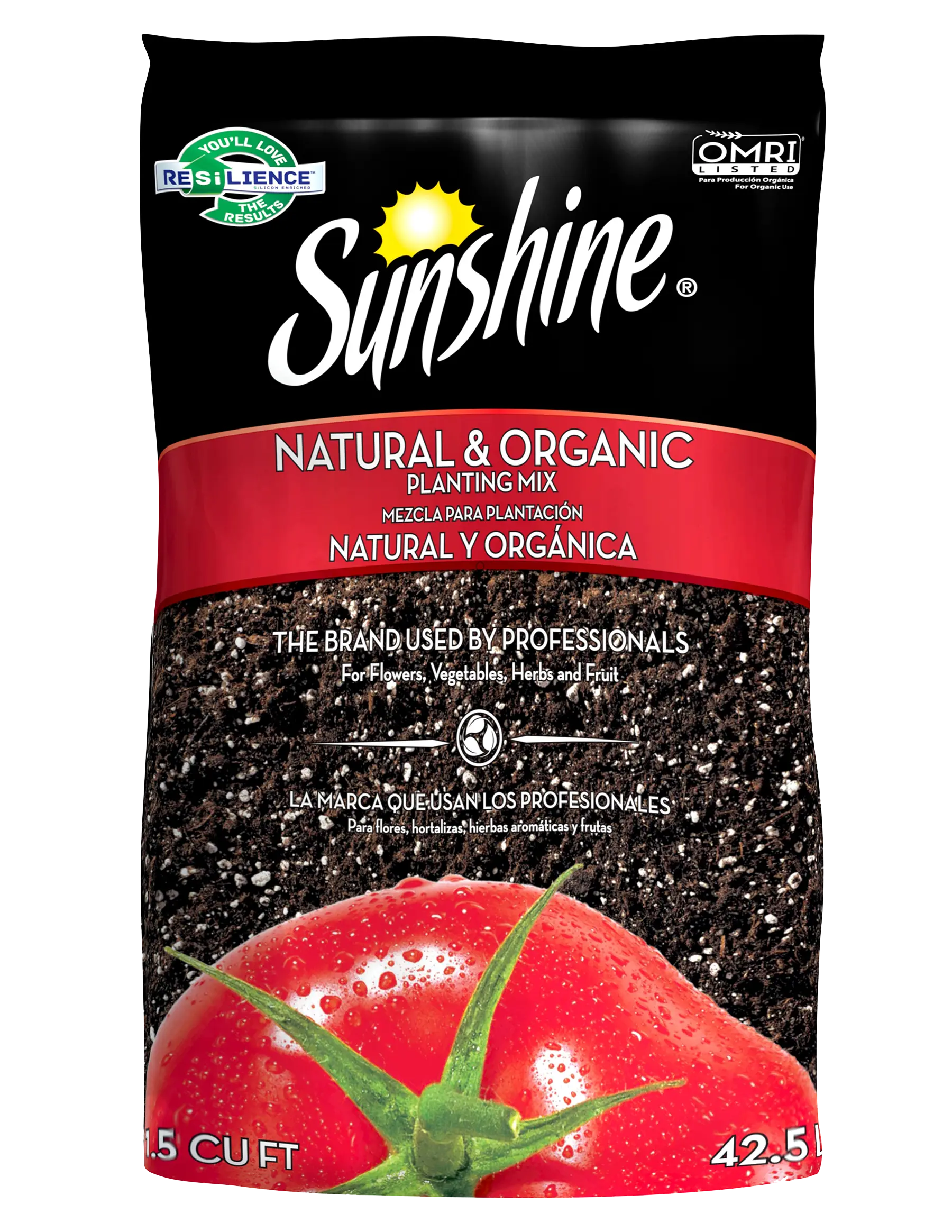 Sunshine Natural & Organic Planting Mix bag with OMRI listing logo, soil texture and a dew-covered tomato image on packaging