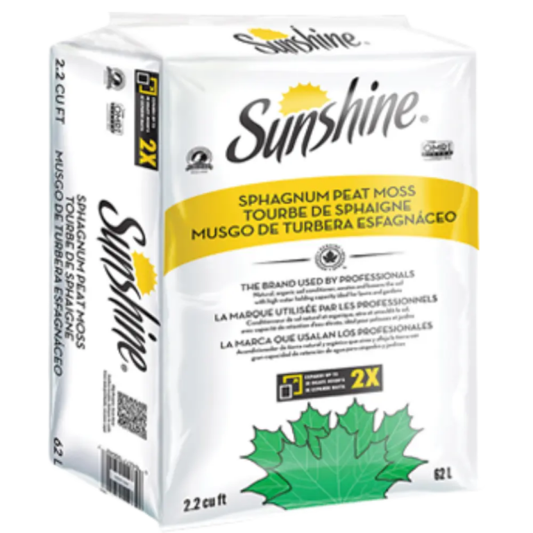 Sunshine Canadian sphagnum peat moss 2.2 cu ft white bale packaging for soil amendment and organic gardening