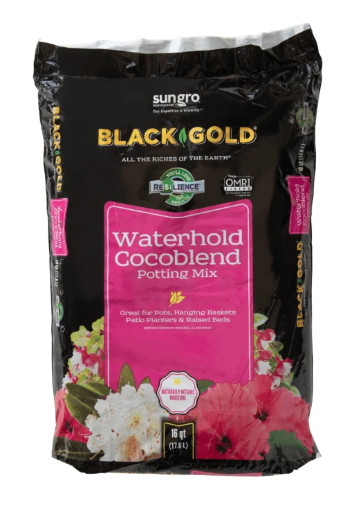 Sungro Black Gold Waterhold Cocoblend 16 qt potting mix bag with pink label and floral graphics for containers and baskets