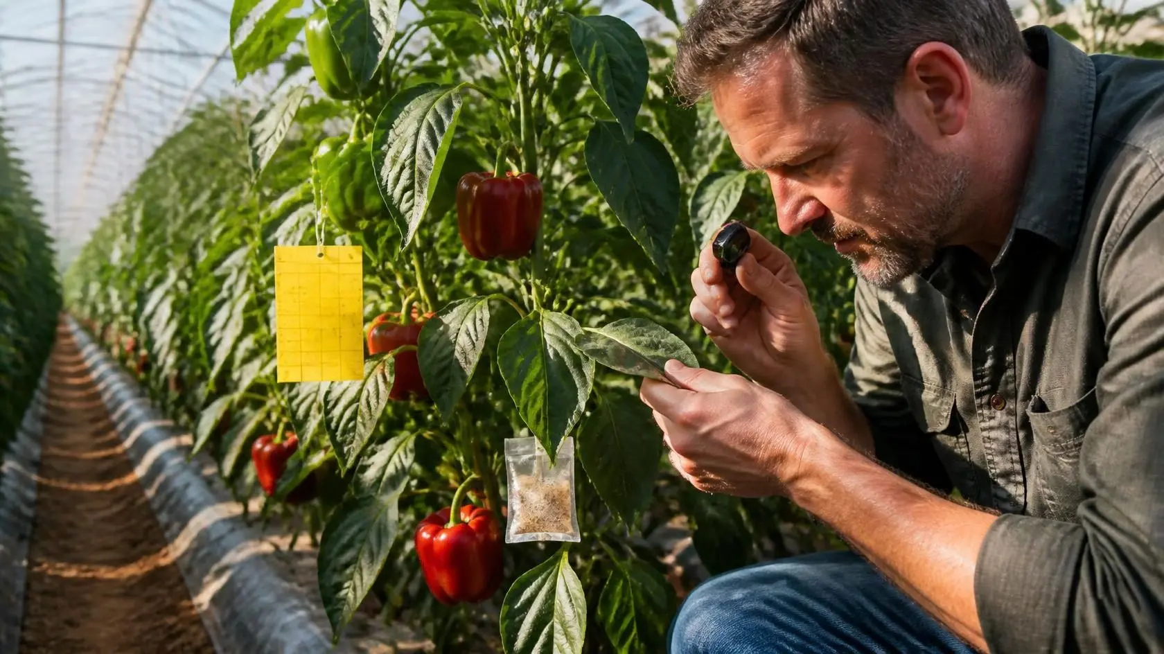man inspecting pepper plant