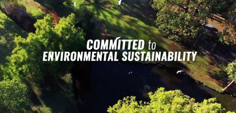 Aerial view of farmland with text that says Committed to Environmental Sustainability