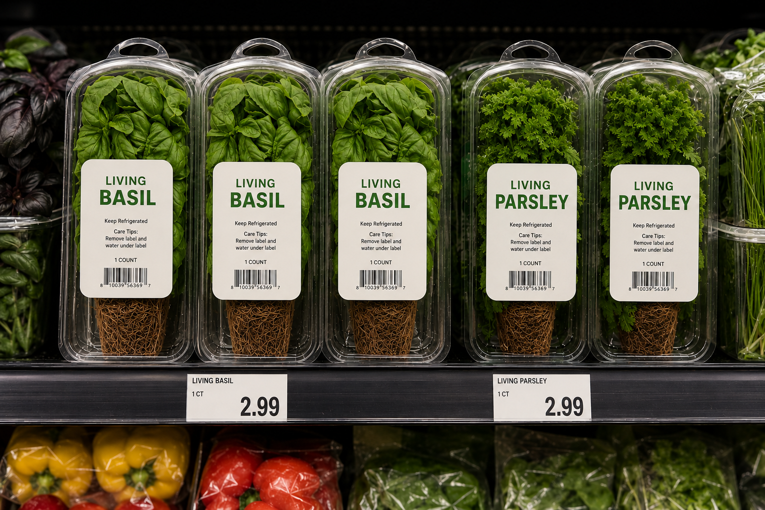 Basil and parsley in a grocery store