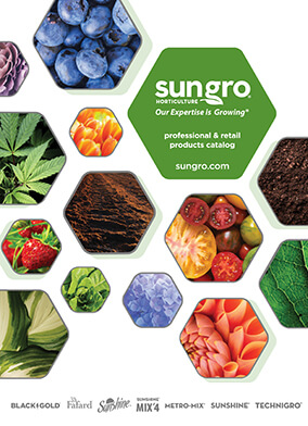 Cover image of Sun Gro Professional and Retail Products Catalog featuring fruits, vegetables, plants, and soil